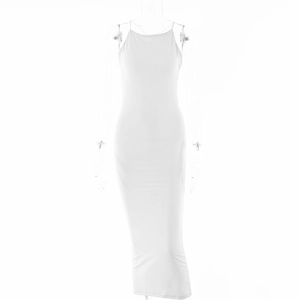 Detailed back view of a sleek white off-shoulder bodycon slit maxi dress on a mannequin