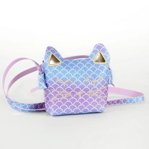 Cute cat-shaped girls crossbody bag with purple to blue gradient sequin fish scales