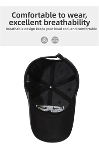 Detail view of the reinforced internal seams and adjustable metal buckle on a black cap