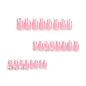 French tip long press-on nails with 3D white flowers and sparkling glitter finish