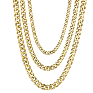 Three-layer golden stainless steel Cuban chain necklace set shown on a white background