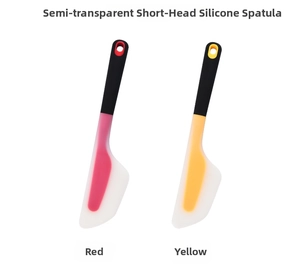 Translucent red and yellow silicone spatulas with black handles for baking and mixing