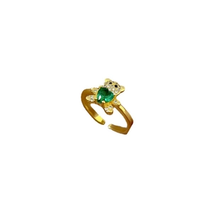Gold adjustable bear ring featuring a green heart-shaped gem and sparkling crystal accents