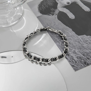 Vintage Stainless Steel Leather Chain Bracelet Necklace Set For Women Men Hip Hop Minimalist Interwoven Jewelry Gift