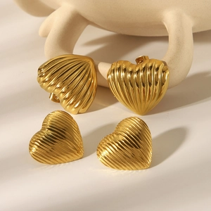 Elegant 18k gold plated heart earrings with unique linear textures and metallic shine