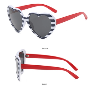 Detail showing 45-degree and back view of heart-shaped sunglasses with red and blue stripes