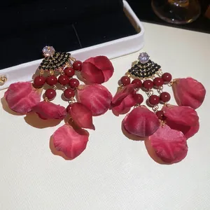 Retro fabric flower tassel earrings with burgundy petals and crystal studs for women