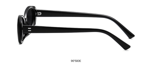 Detailed 90-degree side view of vintage oval sunglasses with thick black frames