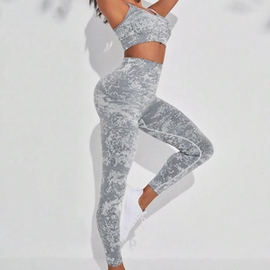 Damen 2-teiliges Yoga-Set mit Marmormuster, Crop Top und High Waist Leggings