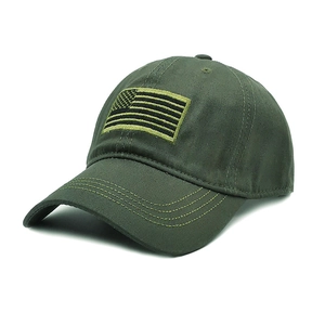 Olive green tactical baseball cap with American flag embroidery at a 45-degree angle