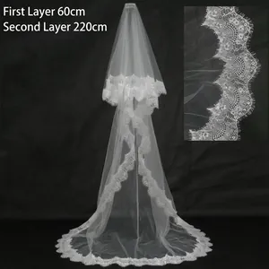 Detail view of double-layer white bridal veil with 60cm and 220cm lace tiers