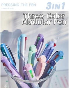 Detail of 3-in-1 multi-color modular pens in macaron tones with a matte finish