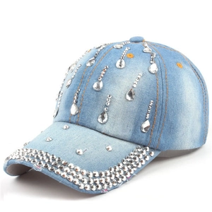 Women's light blue denim baseball cap featuring sparkly teardrop rhinestones and studded brim