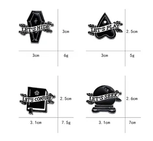 Detailed size chart for punk coffin and magic book enamel pins with specific dimensions