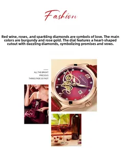 Dettaglio dell'orologio da donna in oro rosa con cinturino bordeaux e quadrante a cuore
