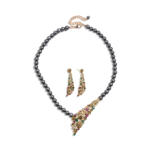 Vintage style jewelry set with dark grey pearl necklace and floral drop earrings