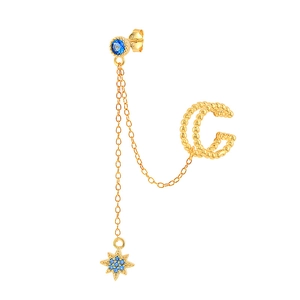 Detail of S925 silver gold-plated ear cuff with blue zircon and star pendant charm
