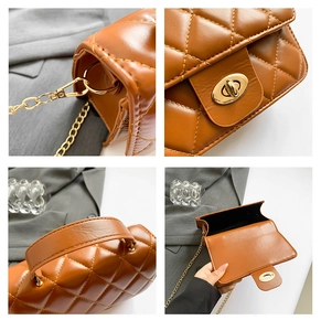 Detail view of brown quilted bag showing metal chain, turn-lock and internal structure