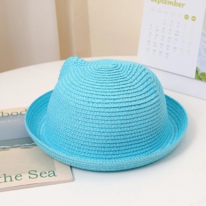 Chapeau de soleil enfant bleu vif en paille avec oreilles de chat mignonnes