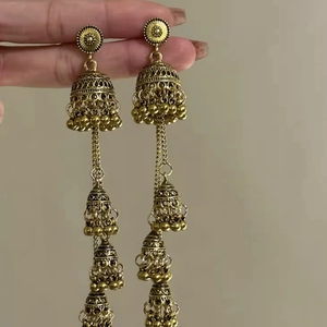 Ethnic gold jhumka tassel earrings with geometric circular design and hanging bells