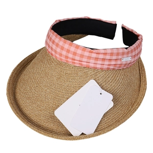 Women's wide brim straw sun visor with pink gingham trim for summer UV protection