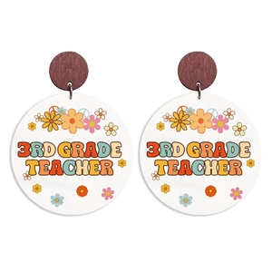 Detail of round wooden earrings with 3rd Grade Teacher floral print and vintage design