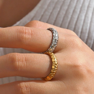 Flower Embossed Ring Stainless Steel Adjustable Open Band Retro Relief Pattern For Women Girls Chic Trendy Vintage Jewelry
