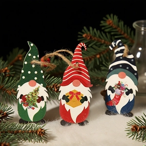 Three-piece set of wooden Christmas gnome hanging ornaments in red, green, and blue colors