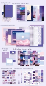 Macro layout of purple dream stationery set with A6 binder and various decorative papers