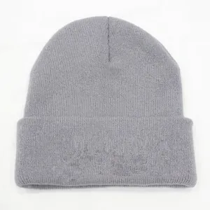Detailed view of the grey ribbed knit beanie showing high-quality acrylic texture