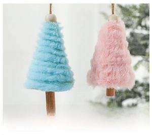 Detail of pink and blue plush Christmas tree ornaments with wooden base and hanging rope