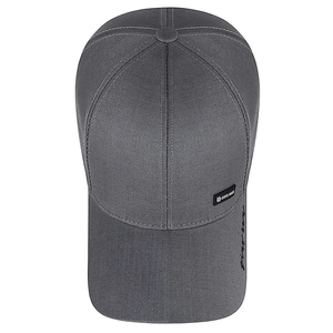 Men's dark gray baseball cap with high crown and custom embroidered side label detail