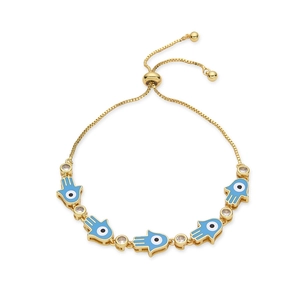 Adjustable golden Hamsa Hand bracelet with blue enamel evil eye and sparkling cubic zirconia