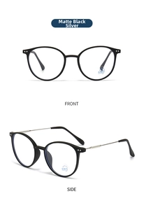 Front and side view of matte black and silver blue light blocking glasses frames