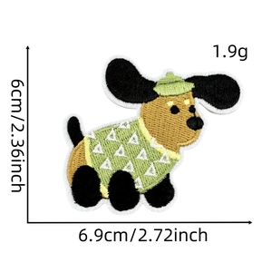 Cartoon dog embroidery patch in green sweater and hat with dimensions of 6.9 x 6.0 cm