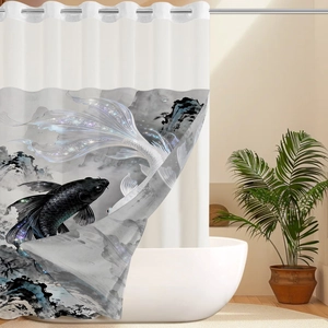 Detail of waterproof koi fish shower curtain with ink art print and glitter accents