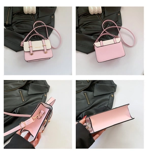 Four-angle view of pink and white contrast crossbody bag with gold hardware detail