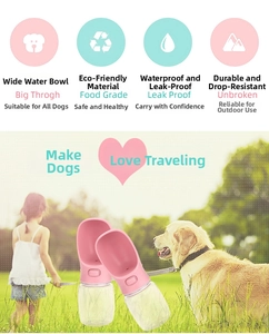 Pink portable dog water bottle with wide drinking trough and leak-proof lock button