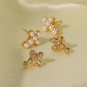 Golden stainless steel cross earring set with pearls and sparkling cubic zirconia stones