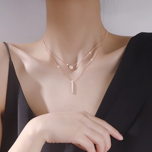 Layered Necklace Copper Cubic Zirconia Round Disc Vertical Bar Minimalist Jewelry For Women