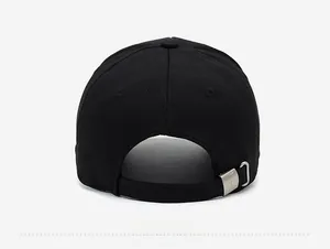 Detail view of the black baseball cap rear with an adjustable silver metal buckle