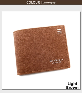 Detail of light coffee frosted leather wallet featuring embossed logo and metal accents