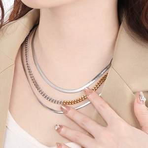 Chic multi-layer stainless steel necklace featuring silver snake chain and Cuban links