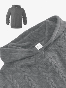 Detail of grey knitted hoodie showing thick honeycomb texture and M size neck label