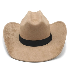 Close-up of camel suede cowboy hat showing fine texture and black decorative band
