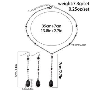 Detailed size chart of gothic black beaded necklace set and tassel earrings jewelry