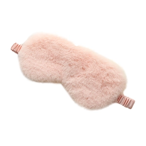 Pink plush rabbit fur sleep mask with satin strap for light blocking and comfort