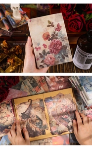 Close-up of vintage aesthetic scrapbook paper featuring retro floral and dark gothic motifs