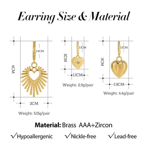 Detailed size and material guide for 18K gold heart earrings with AAA+ zircon stones