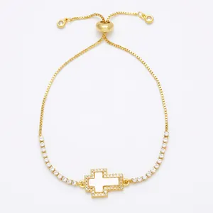 Adjustable gold plated virgin cross bracelet with zircon pavé and mother of pearl inlay